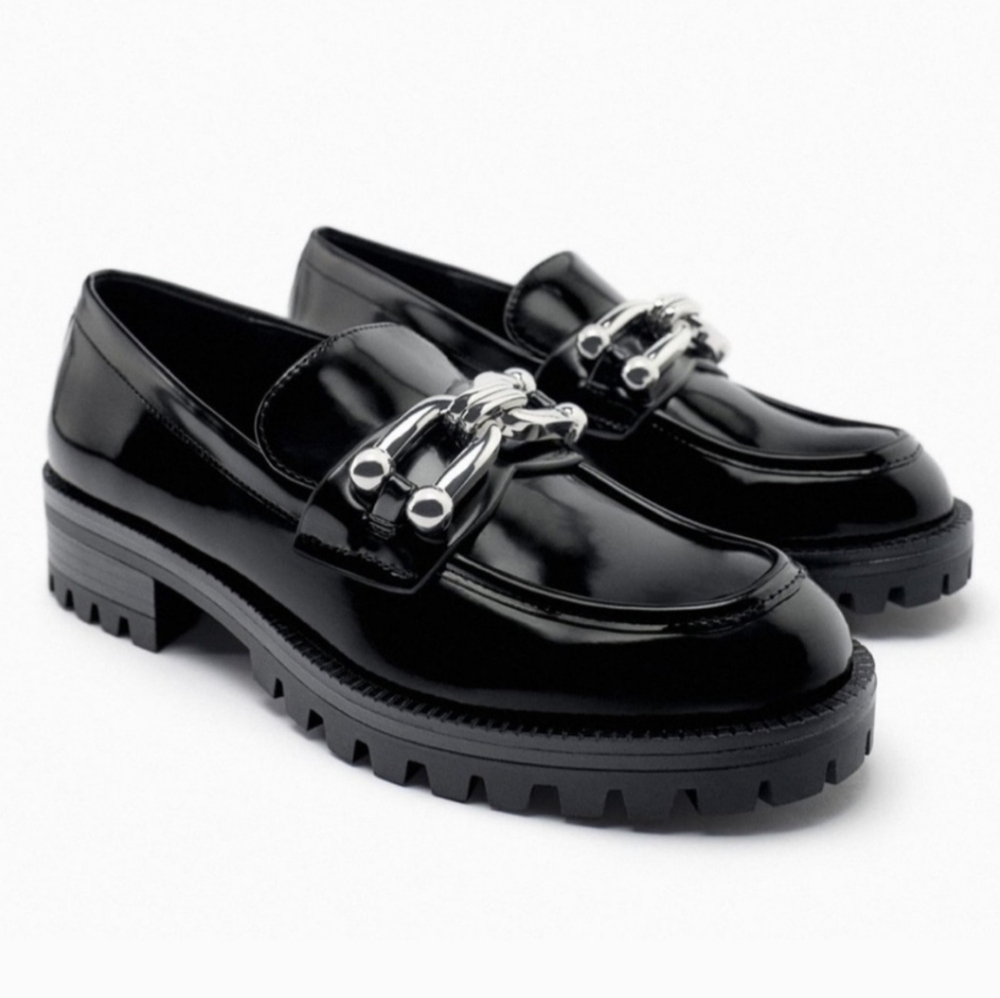 Zara Black Patent MONOLITH Lugsole Platform Loafers w/Silver Accent Sz9 EUR40